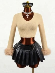 Mistrie Women's French Style Y2k Sexy Versatile Fuzzy Patchwork Cuff Sweater Going Out Tan Autumn - Khaki - View 5