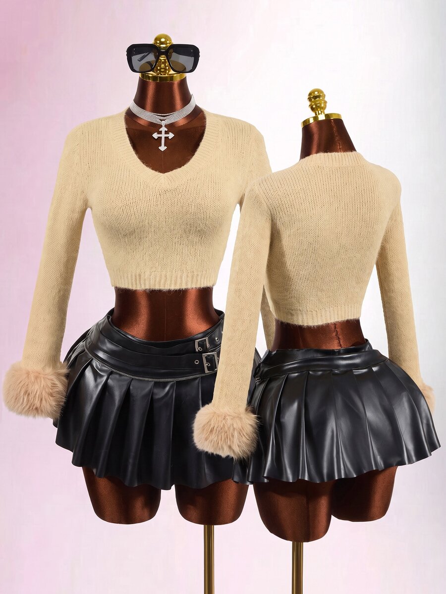 Mistrie Women's French Style Y2k Sexy Versatile Fuzzy Patchwork Cuff Sweater Going Out Tan Autumn