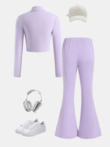 SHEIN Kids NovaGlow Tween Girl Tween Girl Sporty Casual Daily Knit Solid Color Cardigan Jacket & Flared Pants Set - Purple - View 2