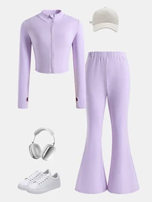 SHEIN Kids NovaGlow Tween Girl Tween Girl Sporty Casual Daily Knit Solid Color Cardigan Jacket & Flared Pants Set - Purple - View 3