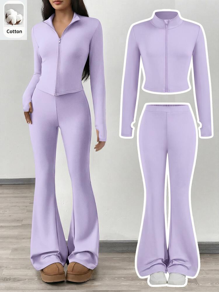 SHEIN Kids NovaGlow Tween Girl Tween Girl Sporty Casual Daily Knit Solid Color Cardigan Jacket & Flared Pants Set - Purple - View 1