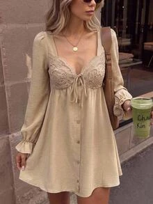 Serisse Women's Elegant French Lace Patchwork Long-Sleeved Dress Brunch Beige Casual Office Wear Country Party Wedding Birthday Ceremony Nightoutbrunchautumn - Apricot - View 2