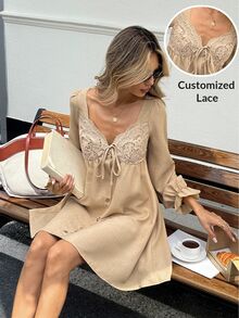 Serisse Women's Elegant French Lace Patchwork Long-Sleeved Dress Brunch Beige Casual Office Wear Country Party Wedding Birthday Ceremony Nightoutbrunchautumn - Apricot - View 8