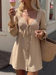 Serisse Women's Elegant French Lace Patchwork Long-Sleeved Dress Brunch Beige Casual Office Wear Country Party Wedding Birthday Ceremony Nightoutbrunchautumn - Apricot - View 1