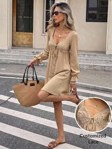 Serisse Women's Elegant French Lace Patchwork Long-Sleeved Dress Brunch Beige Casual Office Wear Country Party Wedding Birthday Ceremony Nightoutbrunchautumn - Apricot - View 3