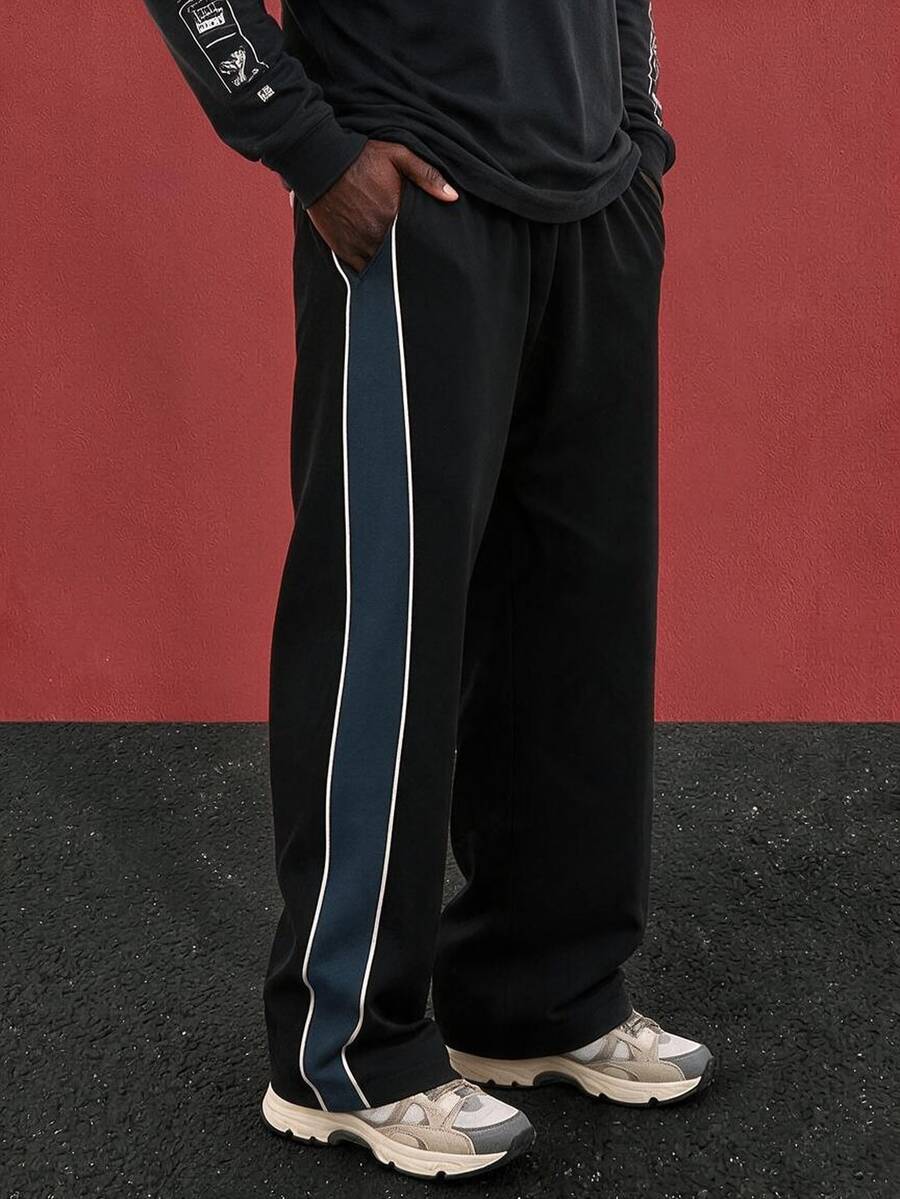 Manfinity Dauomo 男士拼色直筒宽松休闲裤,适合日常穿着,适合秋季 - 黑色 - 查看 1