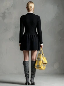 Breezaya Fall Elegant Lace Patchwork V-Neck Asymmetric Button Vertical Textured Knit Sweater Dress For Women Dinner Brunch Black And White - Black - View 2