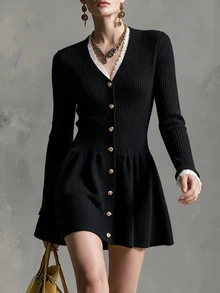 Breezaya Fall Elegant Lace Patchwork V-Neck Asymmetric Button Vertical Textured Knit Sweater Dress For Women Dinner Brunch Black And White - Black - View 1