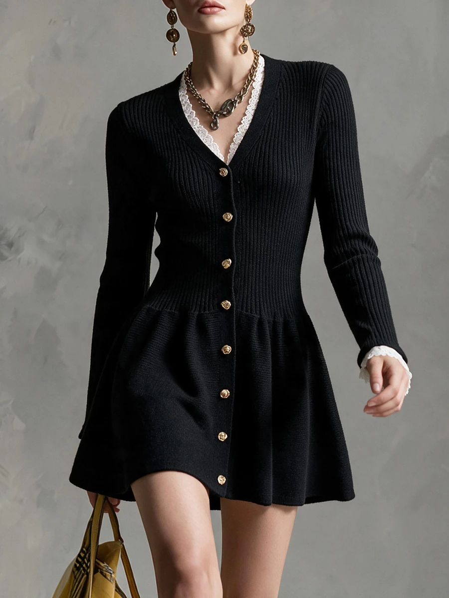 Breezaya Fall Elegant Lace Patchwork V-Neck Asymmetric Button Vertical Textured Knit Sweater Dress For Women Dinner Brunch Black And White - Black - View 1