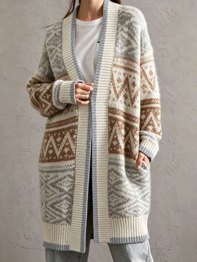 LanaWest Damen Fair Isle geometrischer Jacquard Strick-Cardigan in mittlerer Länge, lockerer lässiger Pullover-Jacke