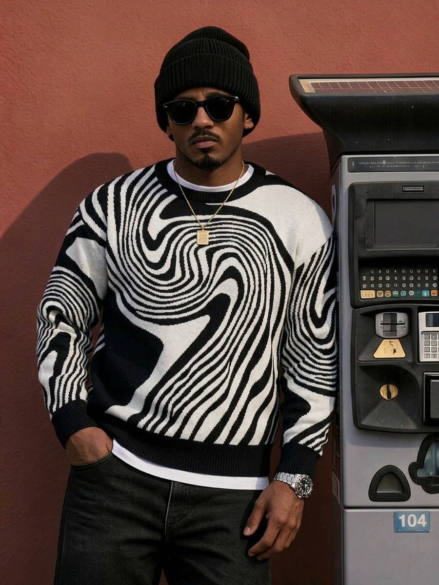 Neovey Men's Twisted Line Pattern Crew Neck Sweater, Fall/Winter - White - View 1