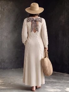 Breezaya Autumn/Winter Elegant Backless Leopard Print Butterfly Cable Knit Vintage Long Sweater Dress For Women, Casual Commute - Apricot - View 2