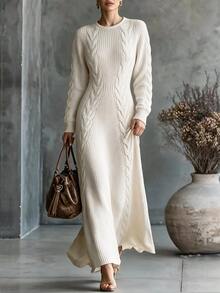 Breezaya Autumn/Winter Elegant Backless Leopard Print Butterfly Cable Knit Vintage Long Sweater Dress For Women, Casual Commute - Apricot - View 1