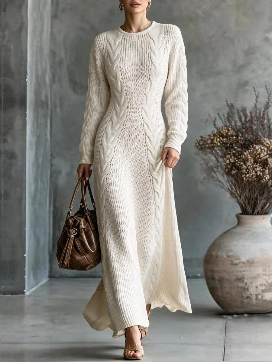 Breezaya Autumn/Winter Elegant Backless Leopard Print Butterfly Cable Knit Vintage Long Sweater Dress For Women, Casual Commute - Apricot - View 1