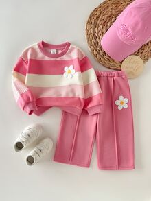 SHEIN Baby Girl Knitted Round Neck Striped 3D Floral Loose Casual Sweatshirt & Long Pants 2 Pieces Set - Multicolor - View 3