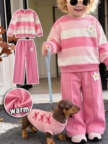 SHEIN Baby Girl Knitted Round Neck Striped 3D Floral Loose Casual Sweatshirt & Long Pants 2 Pieces Set - Multicolor - View 7