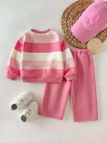 SHEIN Baby Girl Knitted Round Neck Striped 3D Floral Loose Casual Sweatshirt & Long Pants 2 Pieces Set - Multicolor - View 2