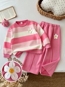 SHEIN Baby Girl Knitted Round Neck Striped 3D Floral Loose Casual Sweatshirt & Long Pants 2 Pieces Set - Multicolor - View 4