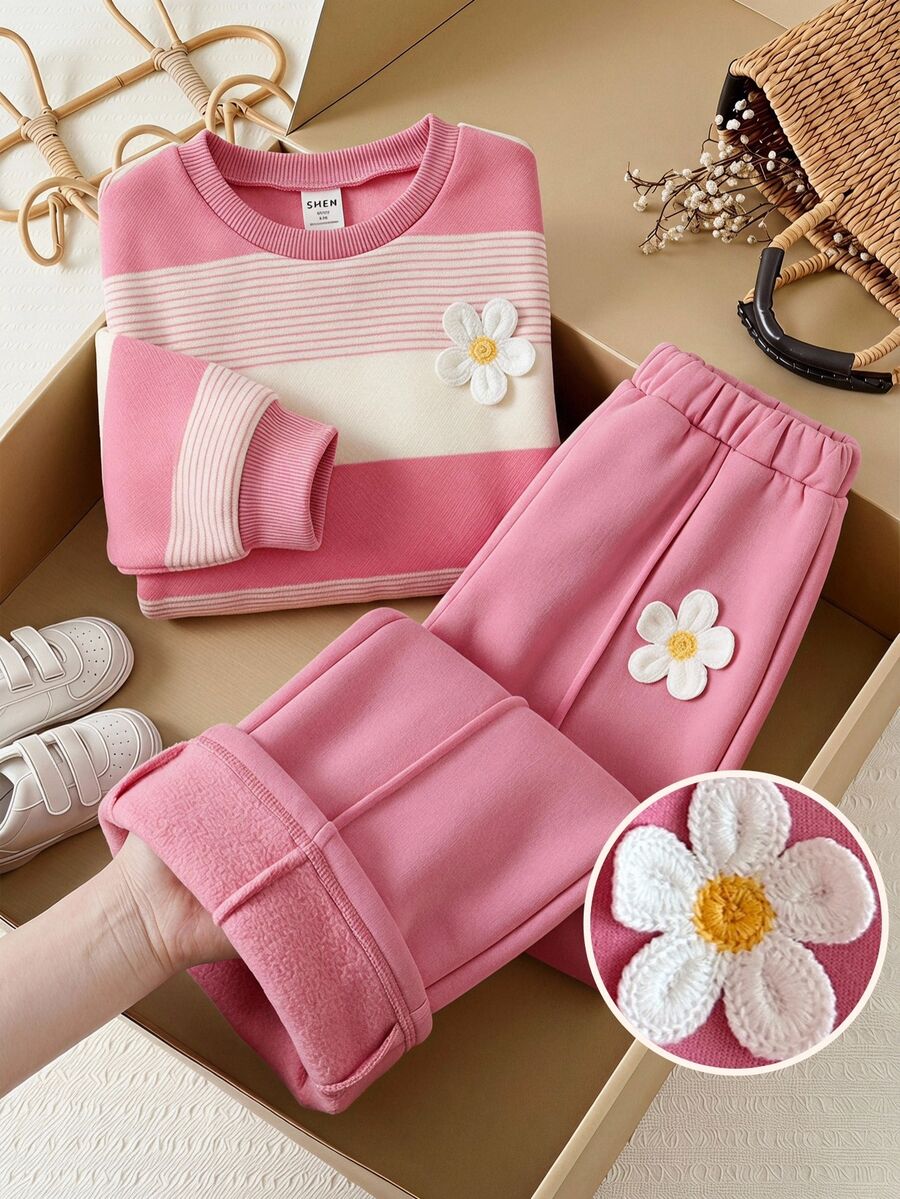 SHEIN Baby Girl Knitted Round Neck Striped 3D Floral Loose Casual Sweatshirt & Long Pants 2 Pieces Set - Multicolor - View 1