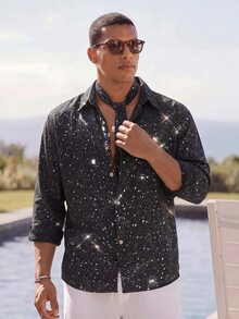 Ocevento 男士時尚黑色銀箔印花襯衫，適合萬聖節、冬季派對、秋季穿著 - 彩色 - 查看 5