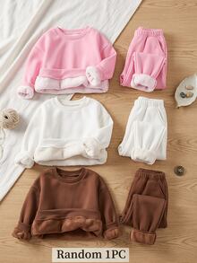 SHEIN Young Girl Solid Color Thermal Lined Crew Neck Casual Everyday Long Sleeve Sweatshirt - Pink - View 3