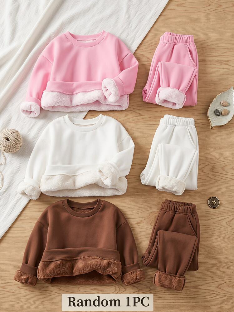 SHEIN 女童純色保暖內裡圓領休閒日常長袖秋季運動衫 - 粉色 - 查看 3
