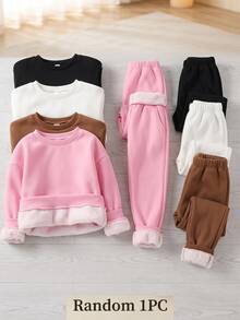 SHEIN Young Girl Solid Color Thermal Lined Crew Neck Casual Everyday Long Sleeve Sweatshirt - Pink - View 2