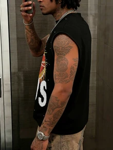 Neovey Men's Casual Streetwear Fashionable Street Wear Jesus Print Faux Pearl Decor Loose Tank Top, For Daily Commute In Summer Holiday Black City Break - Black - View 3