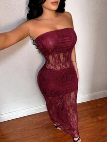 SHEIN SXY 女款性感無肩帶蕾絲無袖透視網紗洋裝，適合約會、度假、派對、日常穿著、聚會、戶外活動 - 酒紅色 - 查看 7