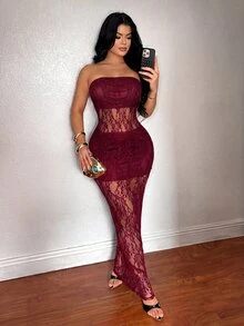SHEIN SXY 女款性感無肩帶蕾絲無袖透視網紗洋裝，適合約會、度假、派對、日常穿著、聚會、戶外活動 - 酒紅色 - 查看 5