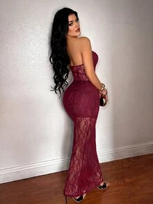 SHEIN SXY 女款性感無肩帶蕾絲無袖透視網紗洋裝，適合約會、度假、派對、日常穿著、聚會、戶外活動 - 酒紅色 - 查看 2