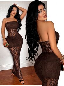 SHEIN SXY Women Long Dresses Club Night Out Brown Sexy - Brown - View 1
