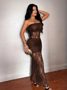 SHEIN SXY Women Long Dresses Club Night Out Brown Sexy - Brown - View 8