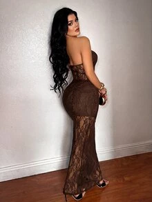 SHEIN SXY Women Long Dresses Club Night Out Brown Sexy - Brown - View 2