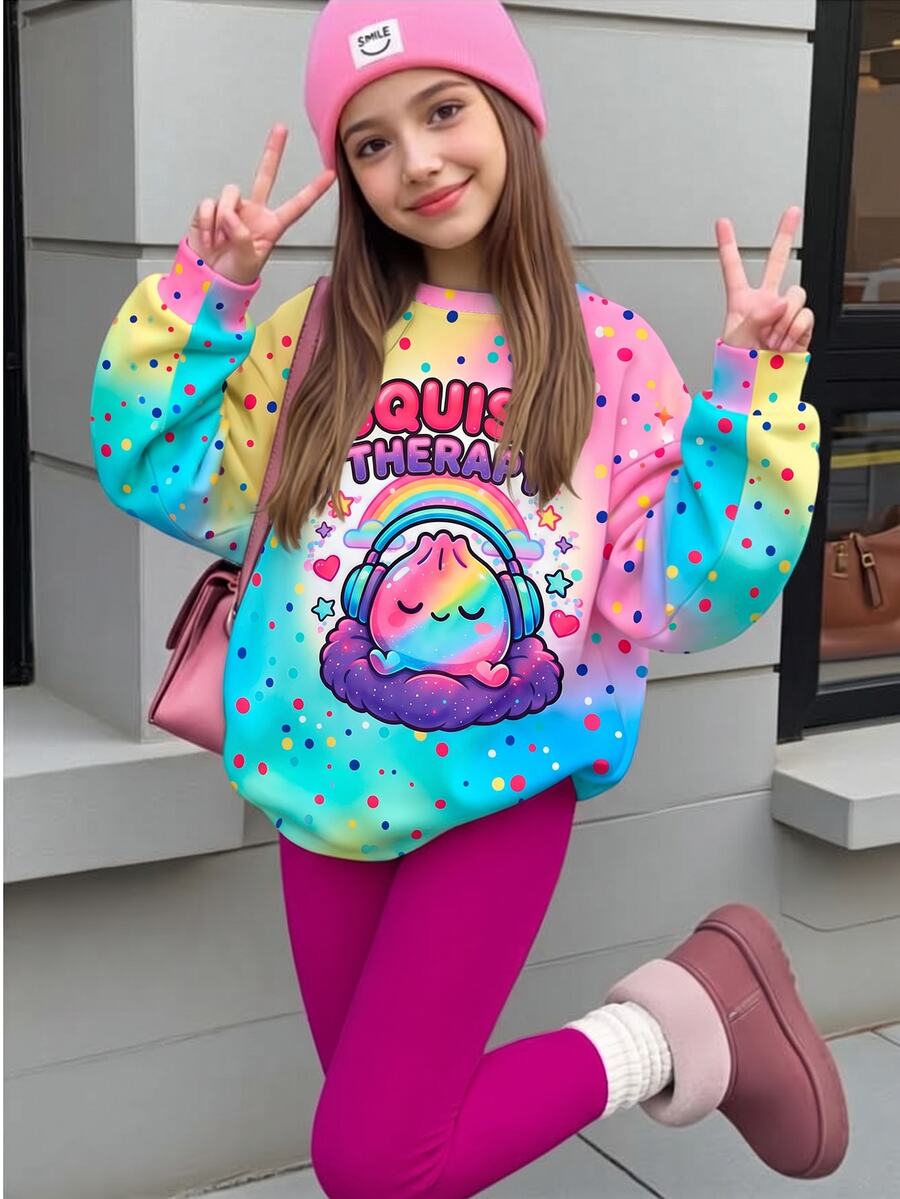 SHEIN 女童 2 件套,圓領長袖運動衫搭配純色粉色長褲,適合春季、秋季、冬季,校園、外出、休閒 Y2K 風格 - 紫色 - 查看 1