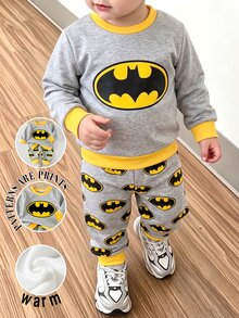 BATMAN X SHEIN Baby Boy Crew Neck Contrast Trim Graphic Print Long Sleeve Sweatshirt & Matching Casual Cute Sweatpants Set - Multicolor - View 1