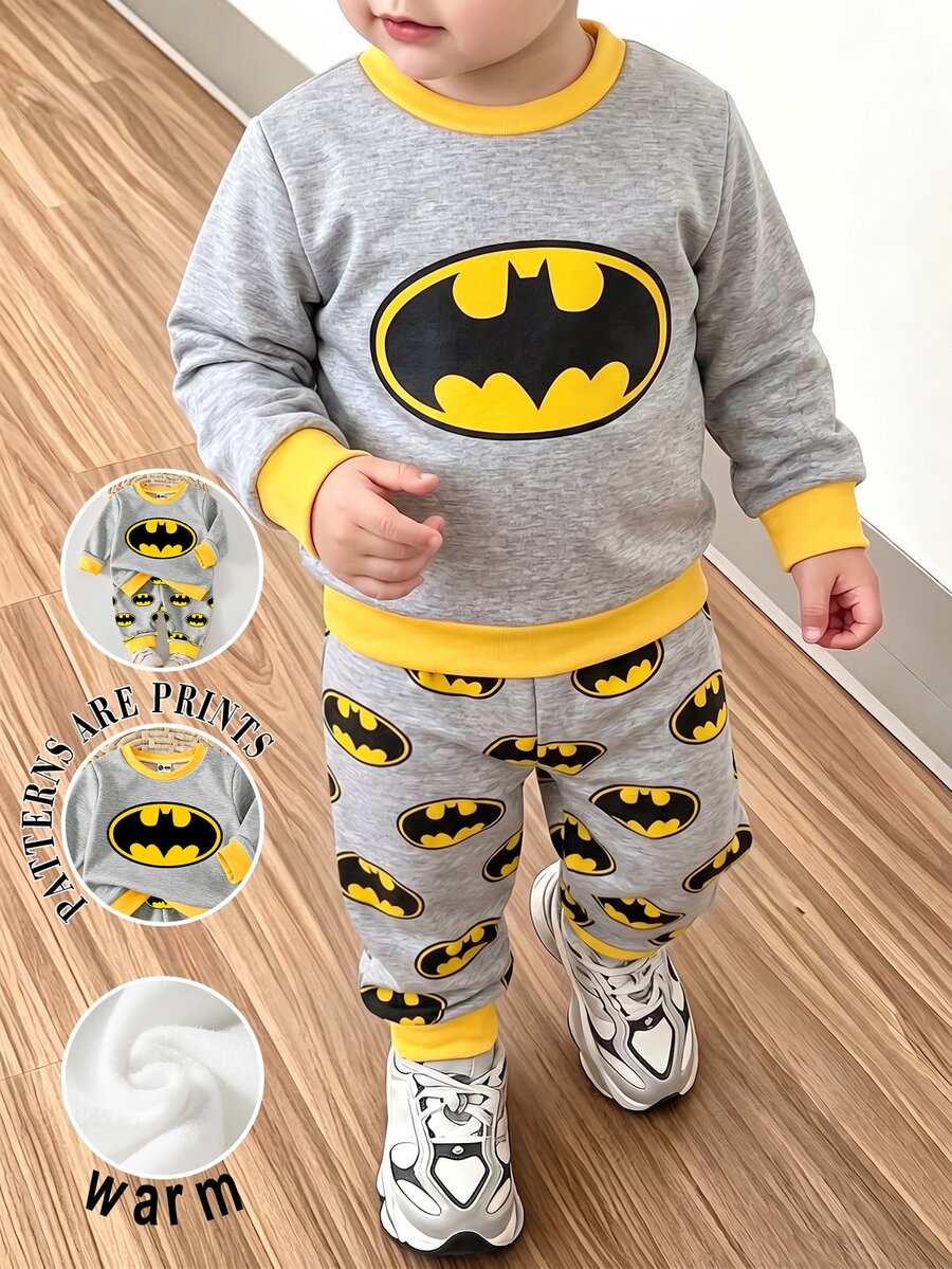 BATMAN X SHEIN Baby Boy Crew Neck Contrast Trim Graphic Print Long Sleeve Sweatshirt & Matching Casual Cute Sweatpants Set - Multicolor - View 1