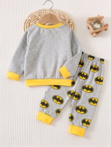BATMAN X SHEIN Baby Boy Crew Neck Contrast Trim Graphic Print Long Sleeve Sweatshirt & Matching Casual Cute Sweatpants Set - Multicolor - View 2