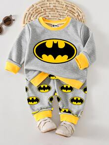 BATMAN X SHEIN Baby Boy Crew Neck Contrast Trim Graphic Print Long Sleeve Sweatshirt & Matching Casual Cute Sweatpants Set - Multicolor - View 3