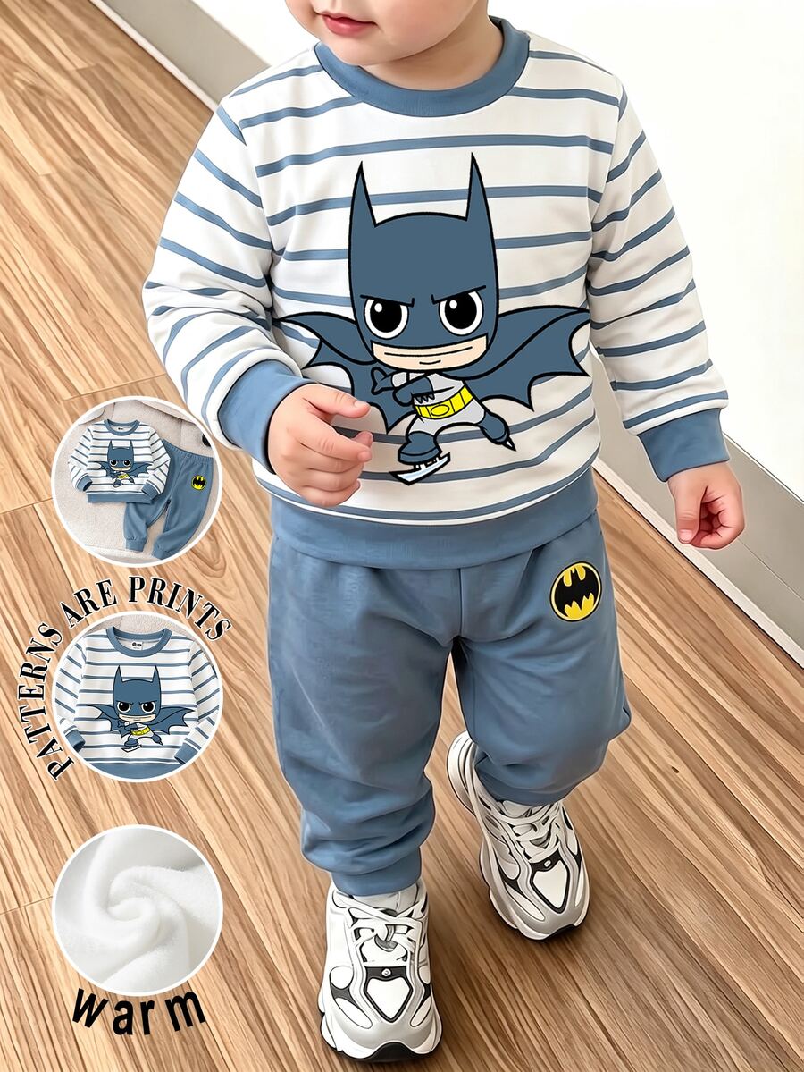 BATMAN X SHEIN GraphicGems 2pcs Baby Boy Casual Cute Cartoon Striped Print Crew Neck Long Sleeve Sweatshirt And Sweatpants Set, Fleece Lined Suitable For Autumn/Winter - Multicolor - View 1