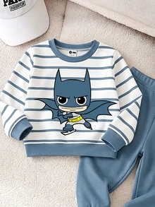 BATMAN X SHEIN GraphicGems 2pcs Baby Boy Casual Cute Cartoon Striped Print Crew Neck Long Sleeve Sweatshirt And Sweatpants Set, Fleece Lined Suitable For Autumn/Winter - Multicolor - View 4