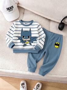 BATMAN X SHEIN GraphicGems 2pcs Baby Boy Casual Cute Cartoon Striped Print Crew Neck Long Sleeve Sweatshirt And Sweatpants Set, Fleece Lined Suitable For Autumn/Winter - Multicolor - View 3