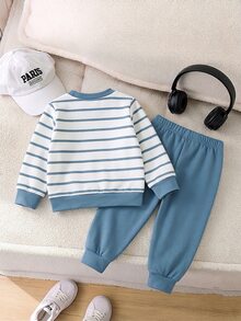 BATMAN X SHEIN GraphicGems 2pcs Baby Boy Casual Cute Cartoon Striped Print Crew Neck Long Sleeve Sweatshirt And Sweatpants Set, Fleece Lined Suitable For Autumn/Winter - Multicolor - View 2