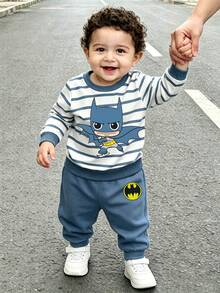 BATMAN X SHEIN GraphicGems 2pcs Baby Boy Casual Cute Cartoon Striped Print Crew Neck Long Sleeve Sweatshirt And Sweatpants Set, Fleece Lined Suitable For Autumn/Winter - Multicolor - View 5