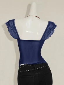 SHEIN ICON Women's Ruched Front Fitted Sexy Mesh Patchwork Cap Sleeve Backless Casual Vacation Cropped Tank Top,Sexy Tops - Navy Blue - View 2