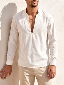 Neovey Off-White Stand Collar Deep V Long Sleeve Shirt, Minimal Luxury Smart Style, Spring Autumn, Date Beach Vacation Wedding Commute, Men Puff Cuff Blouse - White - View 5