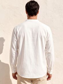 Neovey Off-White Stand Collar Deep V Long Sleeve Shirt, Minimal Luxury Smart Style, Spring Autumn, Date Beach Vacation Wedding Commute, Men Puff Cuff Blouse - White - View 2