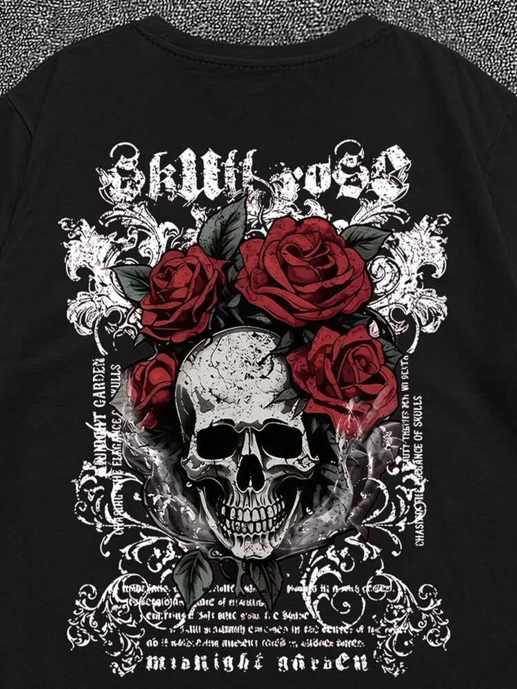 Neovey Men's Double-Sided Printed Skull & Rose Short Sleeve T-Shirt, Front Chest Skeleton Rose Small Logo, Back Gothic Skull Large Graphic, American Dark Halloween Black Loose Fit Top, Black White Red Color Block Dark Aesthetic, Vintage Distressed Texture Retro T-Shirt Style, Suitable For Daily Commute And Halloween Theme, Subculture And Gothic Enthusiasts - Black - View 5