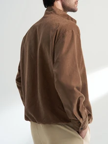 Neovey Pleated Texture Patchwork 2 In 1 Vintage Coin Design Oversized Drop Shoulder Long Sleeve Shirt - Khaki - View 2