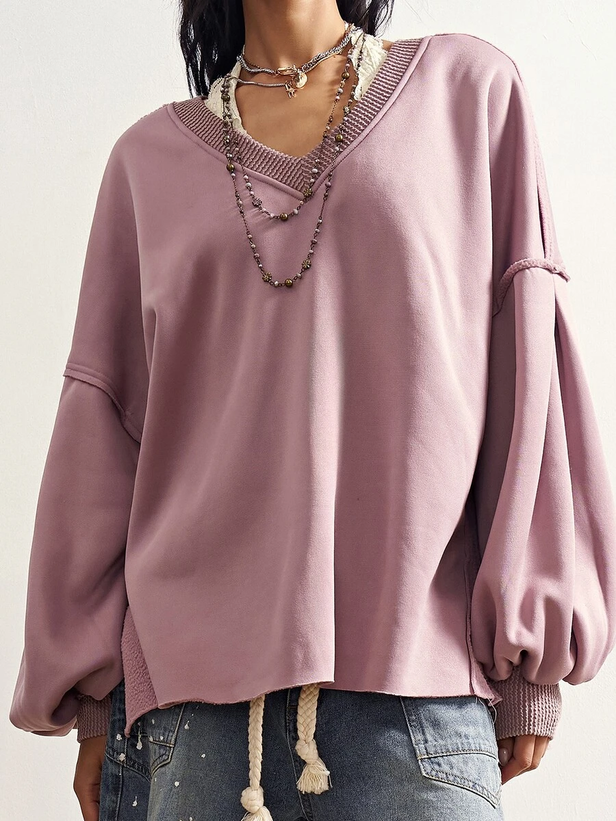 Bohemela Solid V-Neck Split Hem Drop Shoulder Oversize Casual Streetwear Sweatshirt Travel Mauve Purple Autumn - Purple - View 1